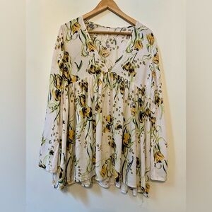 Free People Floral Bella Print Tunic Top, Long Sleeve Boho Blouse Size Medium